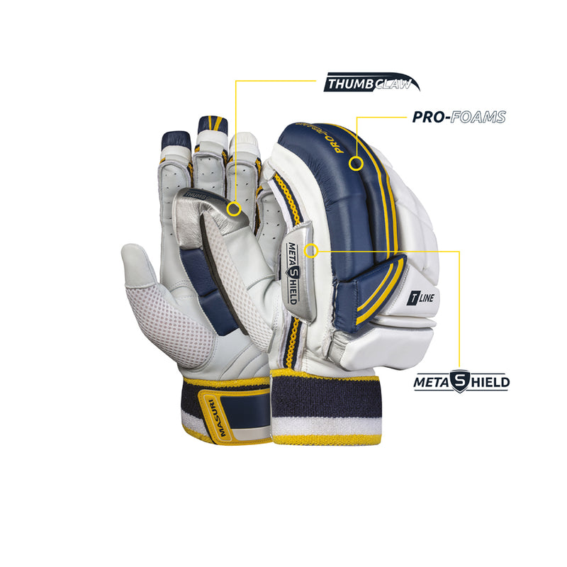 masuri t line batting gloves with thumbclaw, pro foams and metashield