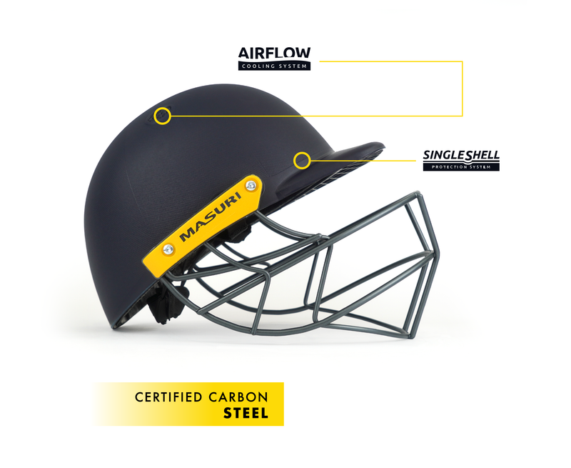 masuri c line cricket helmet with certified carbon steel grille and single shell protection system