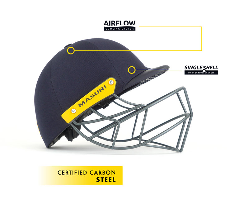 masuri c line plus cricket helmet with certified carbon steel grille and single shell protection system