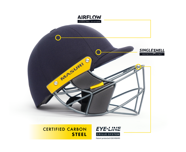 masuri e line cricket helmet with steel grill and single shell protection system