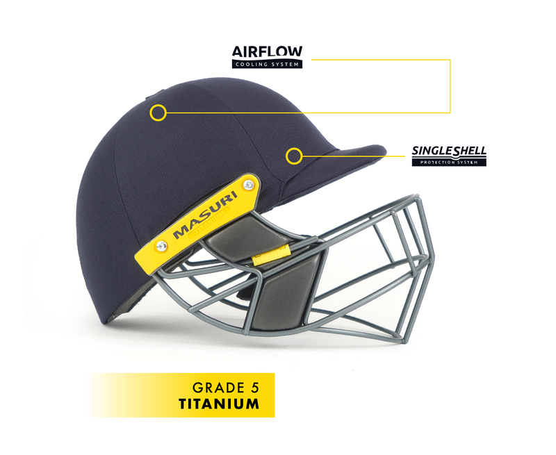 side view of navy t line cricket helmet with grade 5 titanium grill and a single shell protection system with airflow